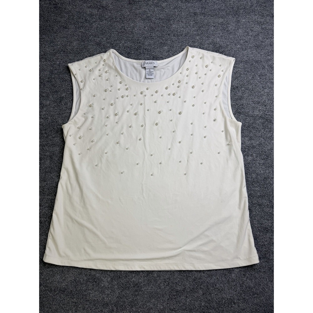 Carmen Marc Valvo Women's XL‎ White Studded Pearls Sleeveless Tank Top